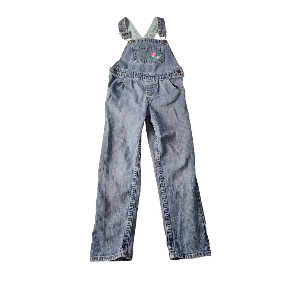 Vintage Y2K OshKosh B'Gosh Overalls Girls 5T Denim Floral Embroidered Bib Jumper